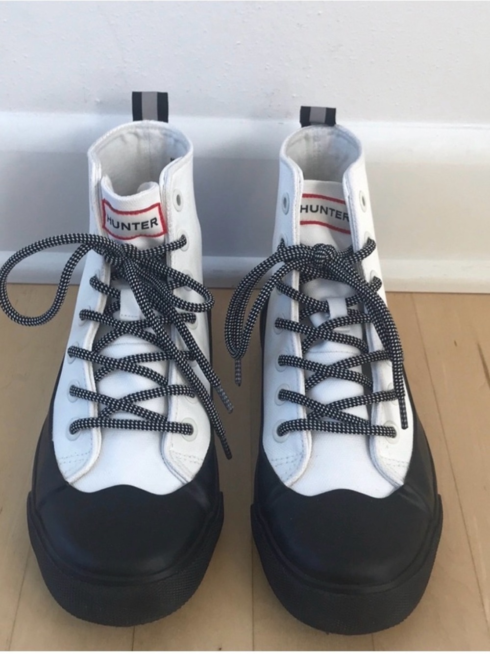 Hunter White and Black High-Top Lace-Up rain boots with Patterned Laces